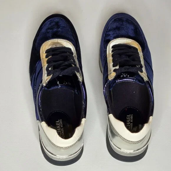 Michael Kors Allie Trainer Admiral Blue Velvet Silver Logo Sneaker Shoes Sz 7.5 - Picture 4 of 9
